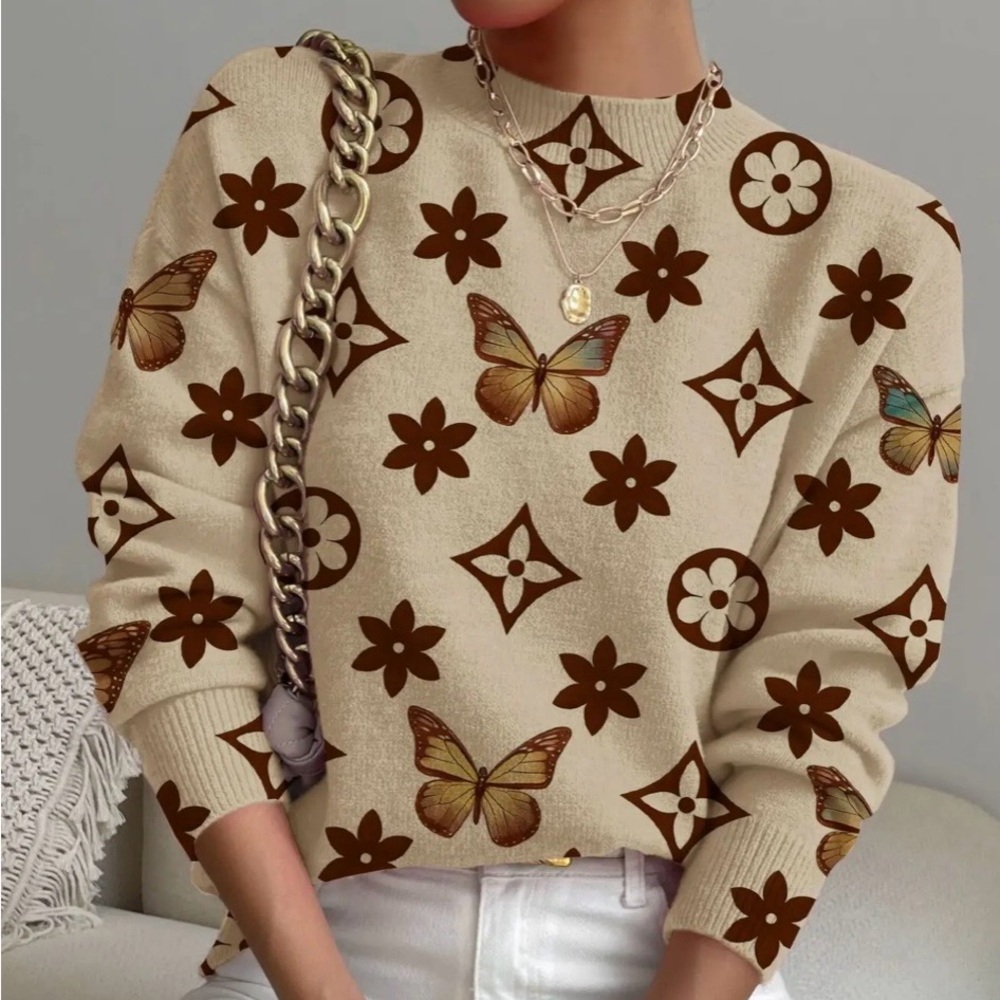 ASVIVID Butterfly & Geometric Cream Women's Sweater